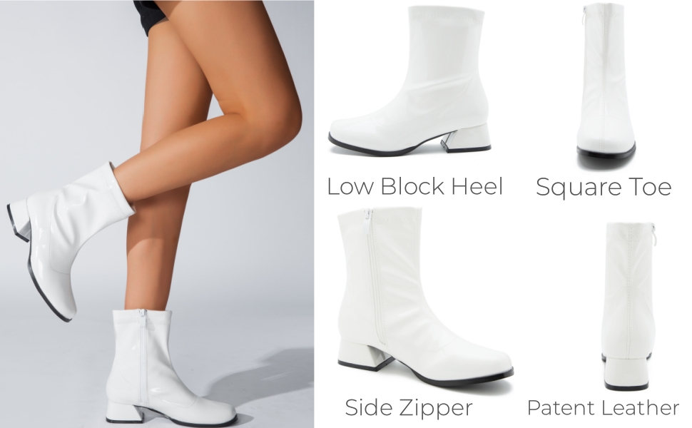 Women's GO GO Ankle Boots Patent leather PU Square Toe Mid Calf Boots Low Block Heel Booties