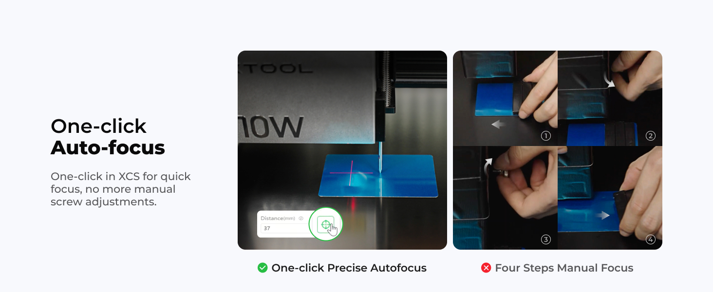 Comparison of auto-focus methods: One-click Precise Autofocus versus Four Steps Manual Focus, depicted through camera interface and hand gestures on touchscreen.
