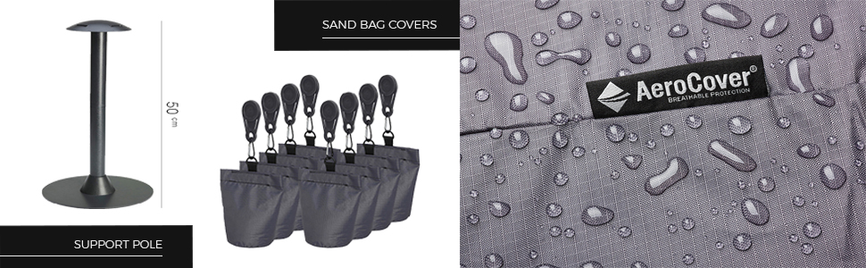 Three product images: a support pole, a set of dark handles in a holder, and a close-up of a water-resistant fabric surface with droplets.