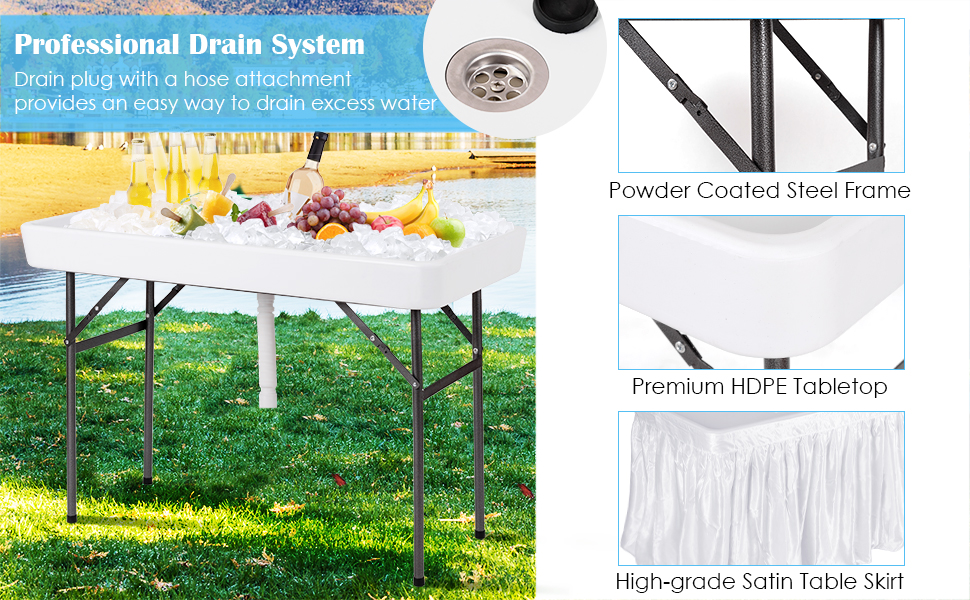 KOTEK Folding Ice Cooler Table with Matching Skirt & Drain