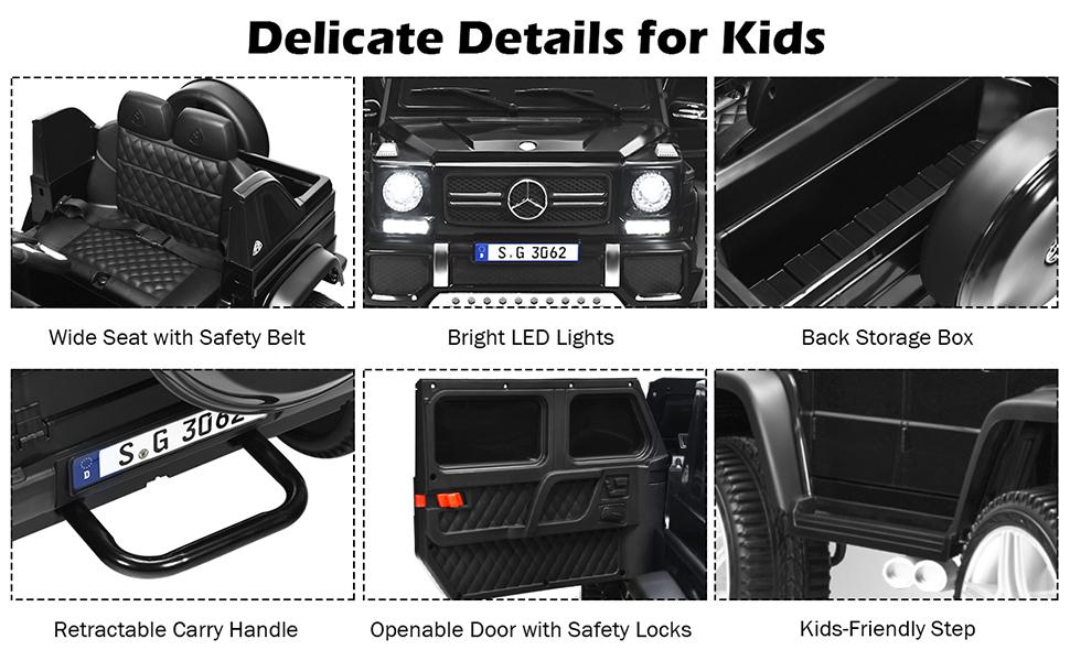 kids 4 wheeler with toy storage space, retractable carry handle, safety belt, LED lights
