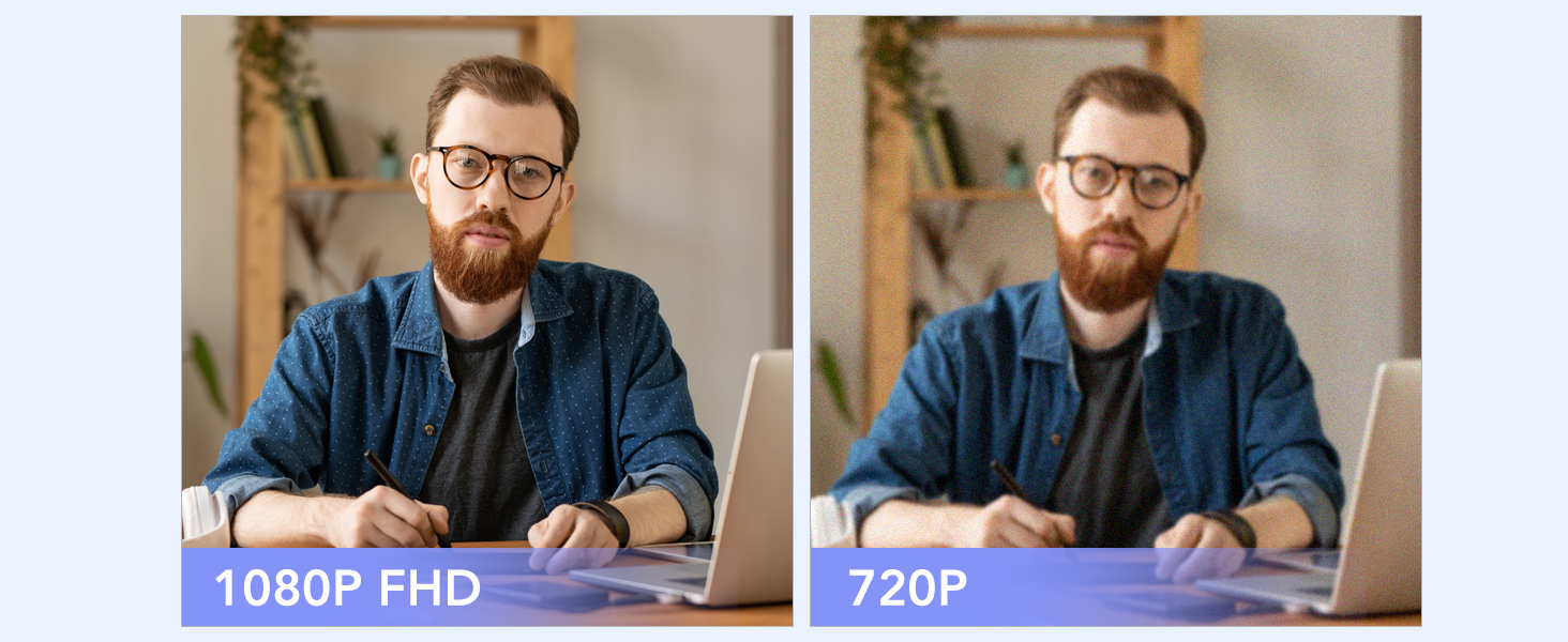 Side-by-side comparison of video quality: left image labeled '1080P FHD', right image '720P'. Both show a man at a desk.