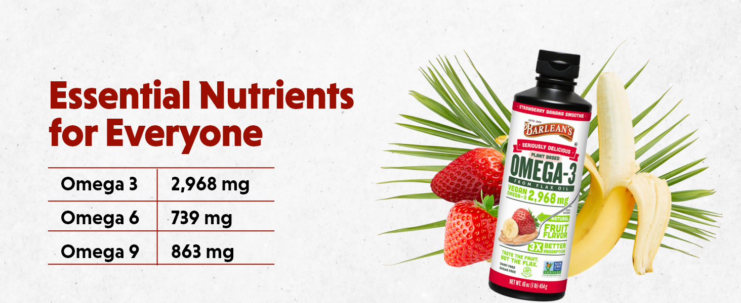 Barlean's Strawberry Banana Omega 3 Liquid Flaxseed Oil with 2,968 mg Vegan Omegas 3