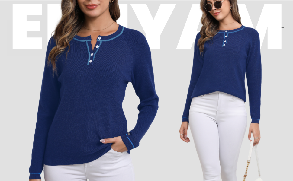 Enjyam Women Classic Crew Neck Jumpers with Button Colorblock Henley Neck Sweater for Autumn Winter