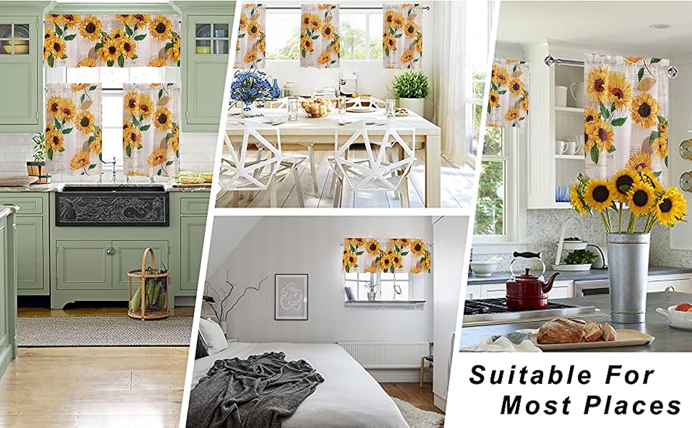 LBDEKOR 3 Pieces Sunflower Kitchen Curtain Valance and Tiers Set, Floral Kitchen