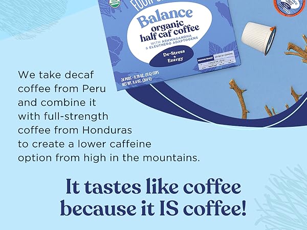 Decaf coffee from Peru combined with full strength coffee from Honduras for a lower caffeine option
