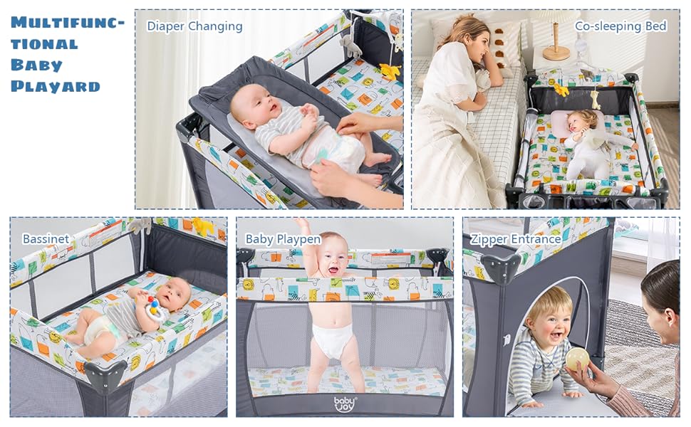 DREAMADE 5 In 1 Lettino Neonato, Culla Da Campeggio Con Fasciatoio E Giocattolo Appeso, Altezza Regolabile In 4 Livelli, Vassoio Portaoggetti, Adatto A Bambini Da 0 A 36 Mesi (Grigio) 15 04