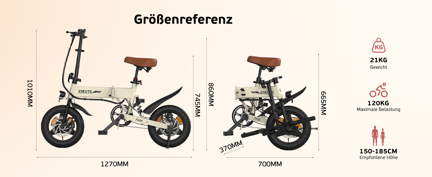 Produktvergleichsdiagramm von zwei zusammenklappbaren Elektrofahrrädern mit den Bezeichnungen LF750W und F500W, mit den Spezifikationssymbolen unten.