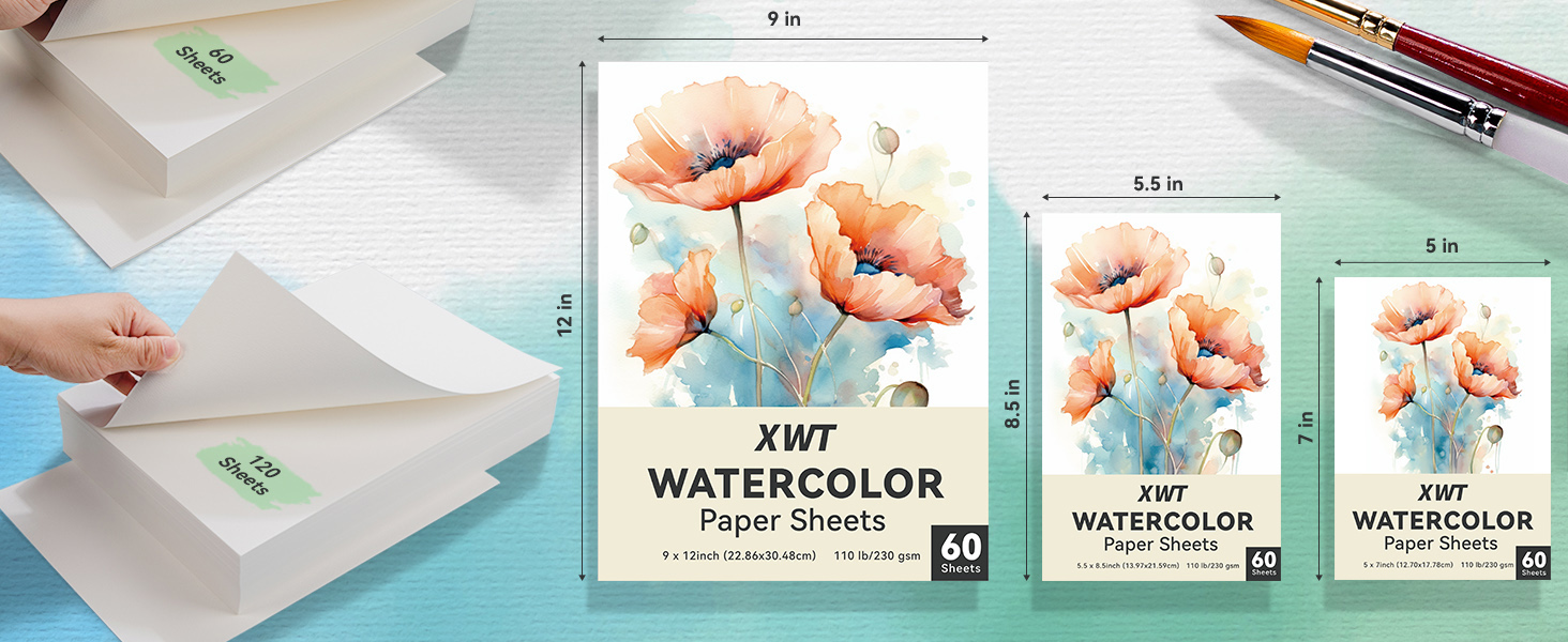XWT Watercolor Paper Sheets Bulk, 9x12in 230gsm60 Sheets