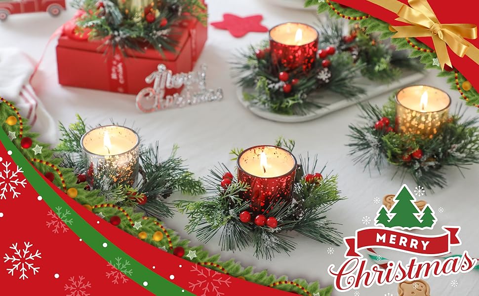 Christmas Candle Ring, Red Berry and Pinecone Xmas Candle Ring Wreath