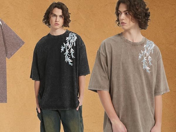 GURUNVANI Mens Washed Oversized T Shirt Graphic Short Sleeve