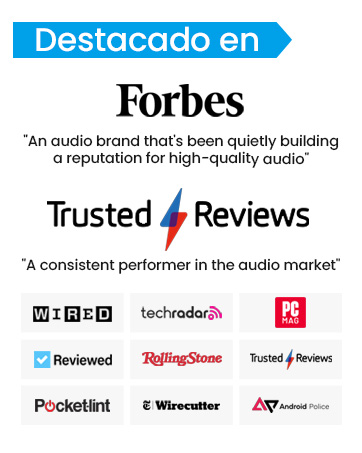 El texto dice «Destacado en Forbes». Logotipos de reconocimiento multimedia, como Forbes, Trusted Reviews y otros logotipos de publicaciones en formato horizontal.