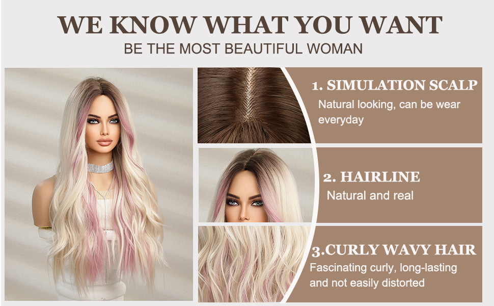 Esmee Long Wavy Blonde with Pink Highlight Wigs