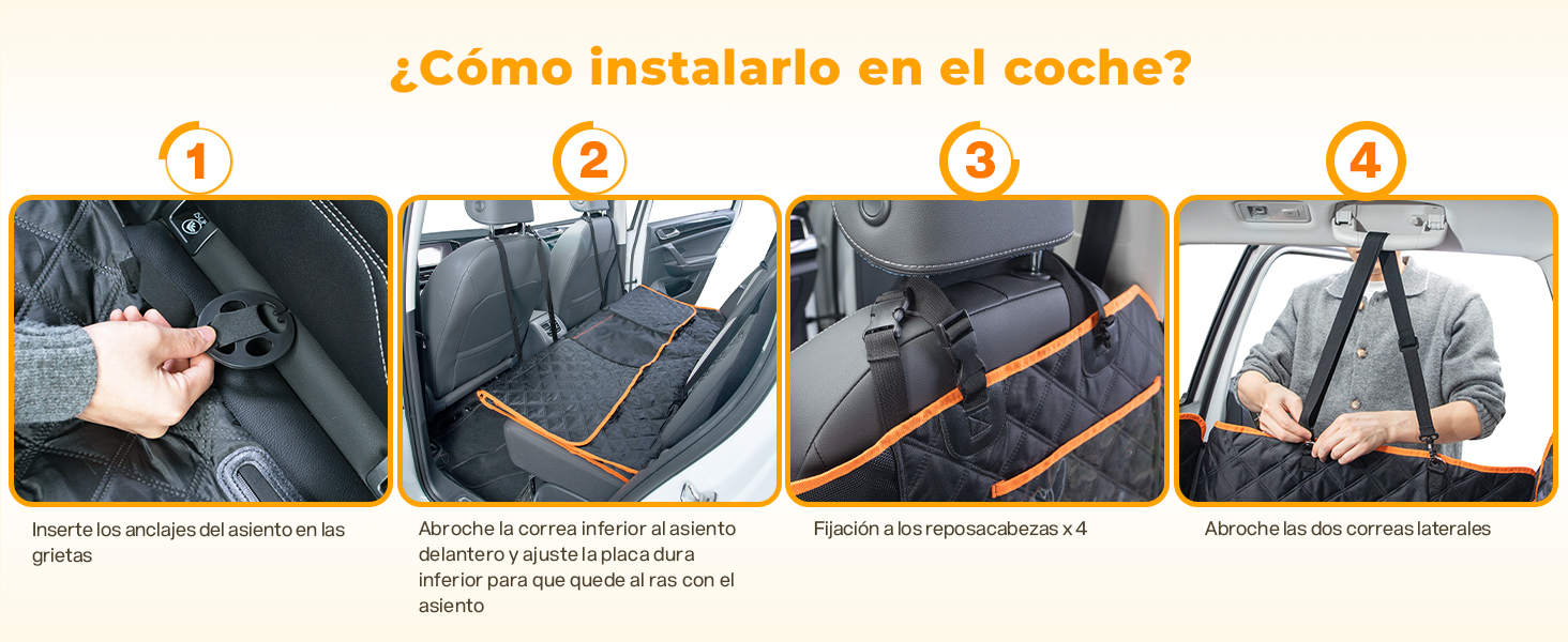 Pecute Car Seat Extender for Dogs, Rear Seat Cover for Pets, for Road Trips, Storage in the Car, Suitable for SUVs and Trucks, up to 180 kg 27 Guía de instalación en cuatro pasos para un accesorio de automóvil. Muestra las correas para sujetar los reposacabezas, sujetar el producto y ajustarlo para ajustarlo. Los números naranjas indican cada paso