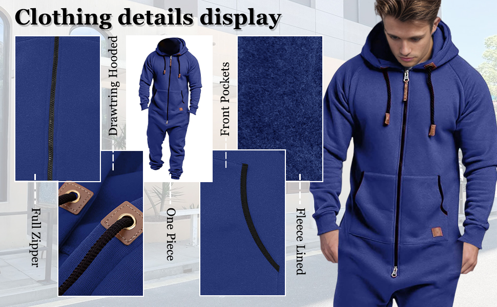 Men's Fleece Lined Hooded Jumpsuit Zip Up One Piece Pajamas
