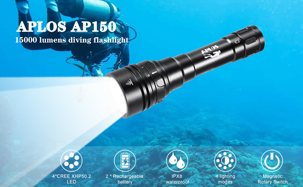 APLOS AP150 15000 Lumen Dive Torch, Underwater 150m, Scuba Diving Torch