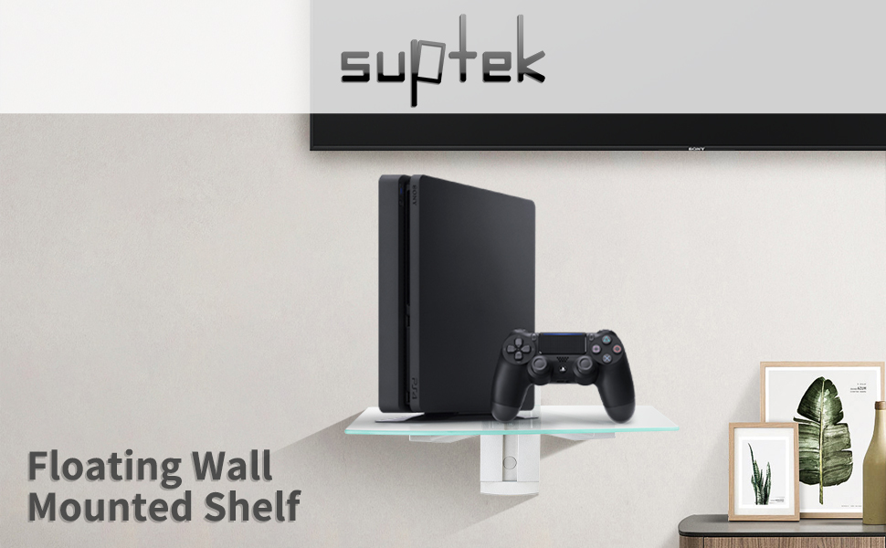 suptek Glass Floating Shelves, TV Wall Mount with Shelf for