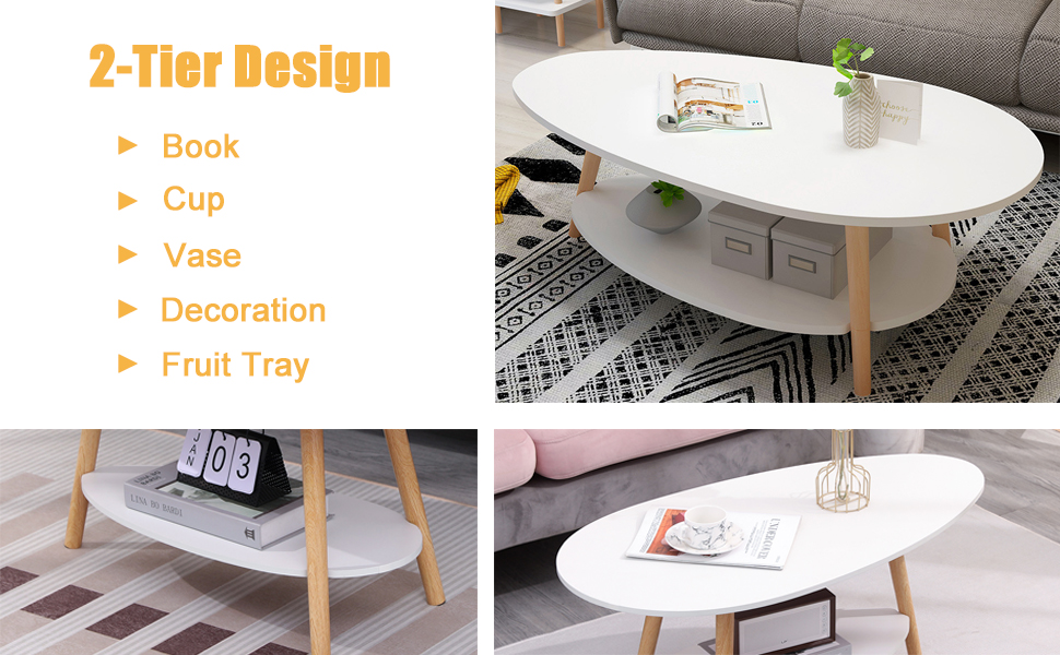 Oval Coffee Table for Living Room, 2Tier Drop Shape Sofa