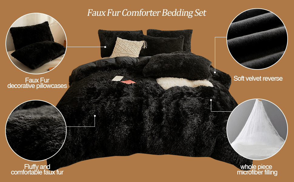 Faux Fur Black Comforter Set Queen，Down Alternative Fur