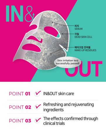 Mask close-up with sebum and dead skin; tea tree oil care; Korean skincare graphic.