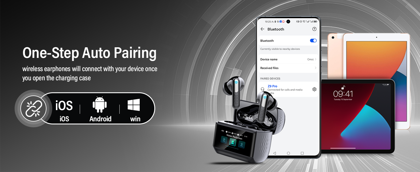 Text reads 'One-Step Auto Pairing' with iOS, Android and Windows icons. Marketing image shows wireless earbuds with charging case across multiple product views and interface screens.