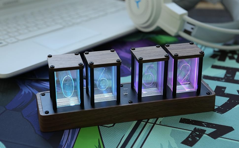 Clocteck Nixie Tube Clock Wooden Digital Clock for Bedroom,Easy Alarm