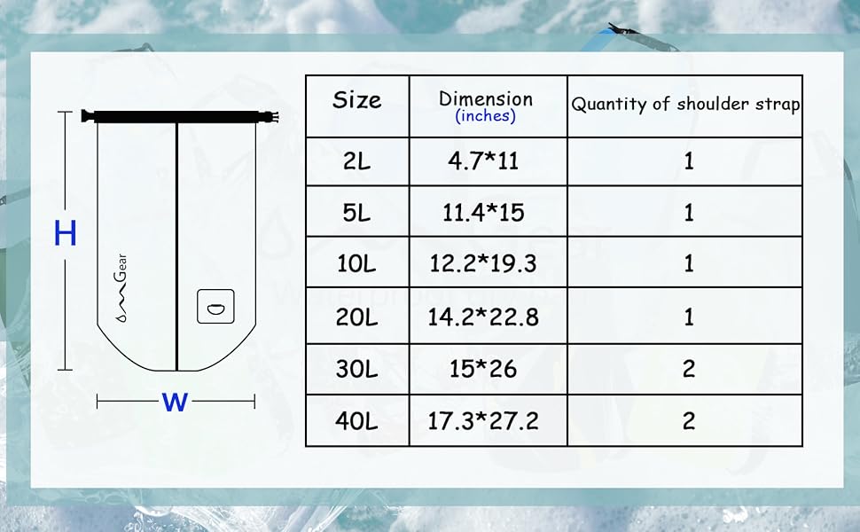 size chart of OMGear dry bag