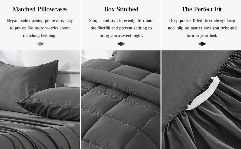 Queen Size 7 Pieces Bed in a Bag Bedding Set Lightweight Dark Grey