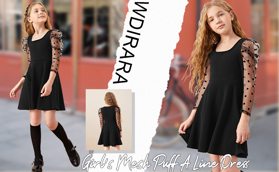 Girl's Polka Dots Mesh Puff Long Sleeve Ruffle Hem A Line Dress