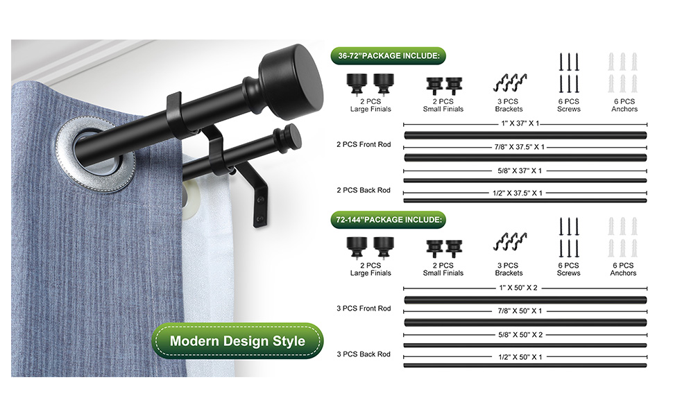 Black Double Curtain Rods for Windows 72 to 144 Inch(612Ft
