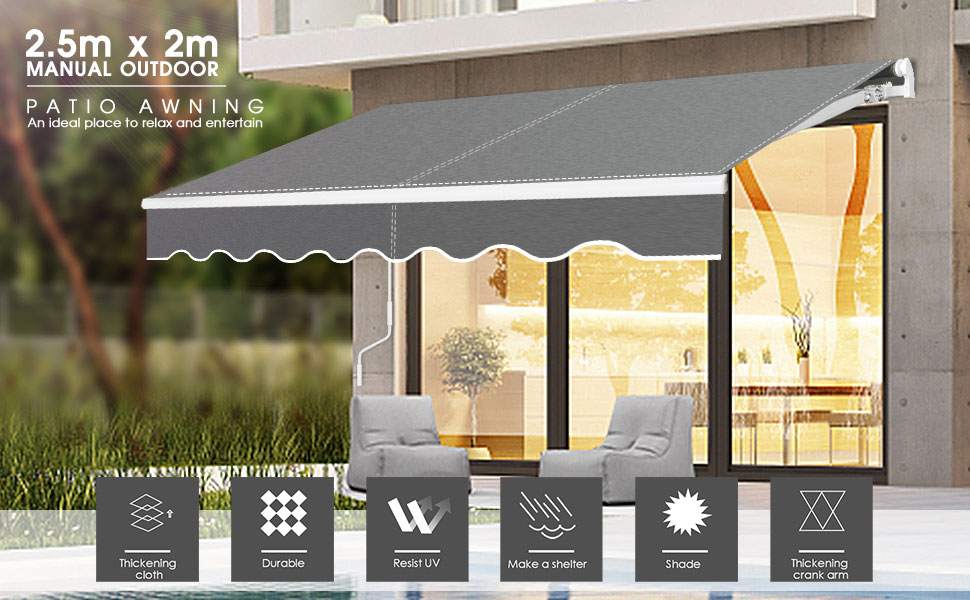 Myiosus 3x2.5m Retractable Manual Awning, AntiUV Waterproof DIY