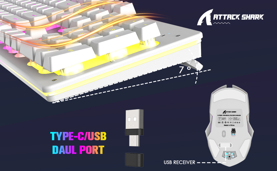 Wireless Gaming Keyboard and Mouse Combo,USB/Type C Dual Receiver,RGB LED Backlit,Rechargeable