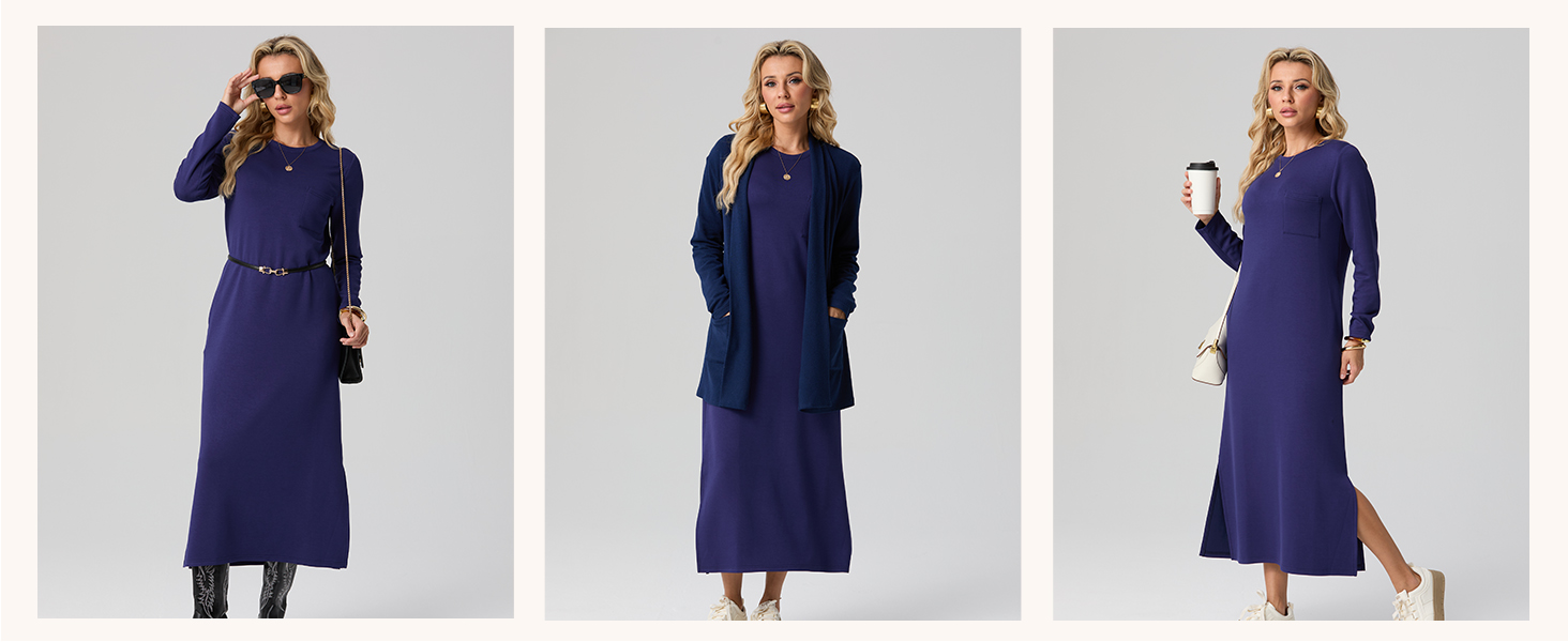 Women Spring Fall Casual Round Neck Long Sleeve Loose Split Wrinkle-Free Maxi Dress with Pockets