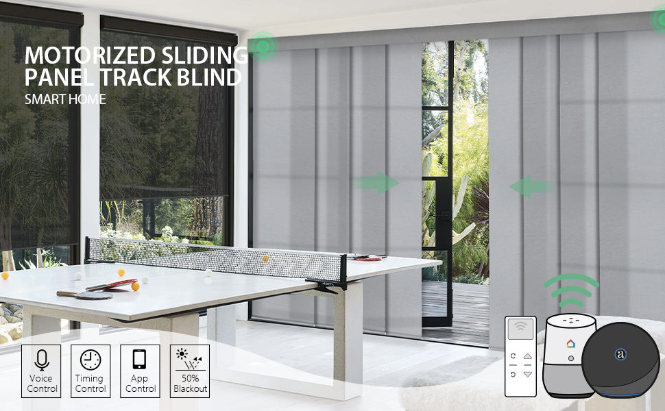 Yoolax Costom Smart Sliding Panel Track Blinds Compatible with Alexa, Motorized Fabric Blackout