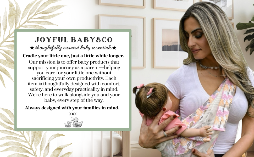 Woman holding baby in sling carrier. Written company statement beside photo