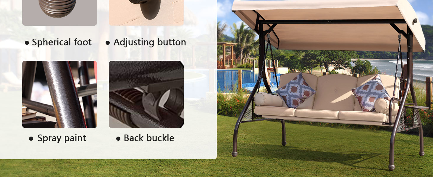 NOBLEMOOD Patio Porch Swing, 3Seat Outdoor Swing with