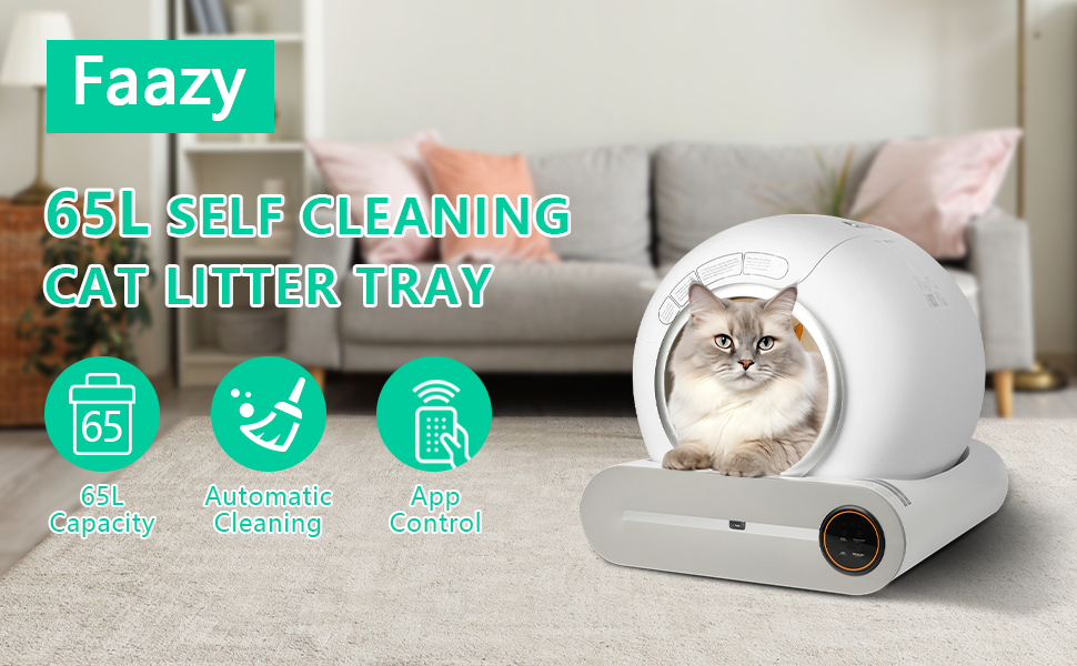 Faazy Self Cleaning Cat Litter Tray, Tuya Smart Automatic Cat Litter Box, 65L Extra-Large Capacity, Odor Control, APP Control, Safety Protection Robot Litter Box for Multiple Cats with Cat Litter Mat 10 Self Cleaning Cat Litter Tray