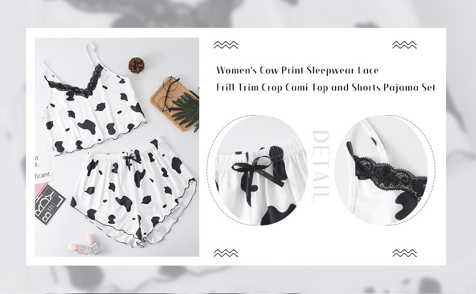 SheIn Women's Cow Print Sleepwear Lace Frill Trim Crop Cami Top and Shorts Pajama Set