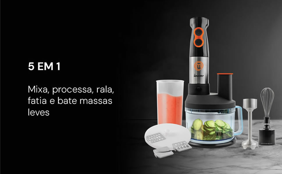 Mixer Mallory MasterChef 5 em 1 700W, Preto Multifuncional Com 2