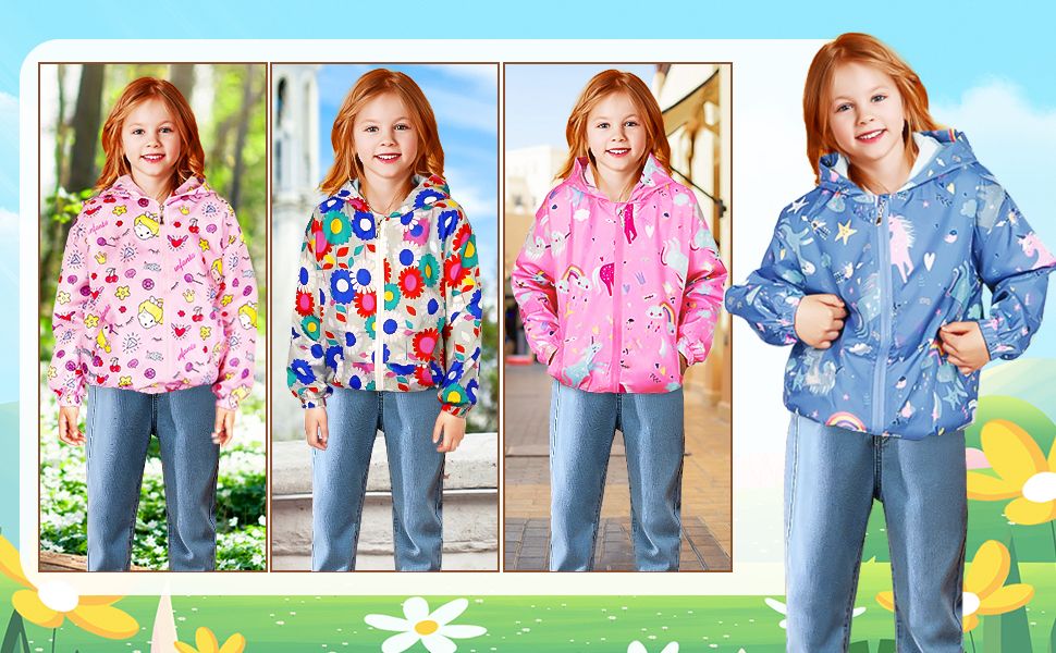 Four children's hooded jackets in various colorful patterns: floral, abstract, unicorn, and cloud designs. Each jacket is worn with blue jeans.