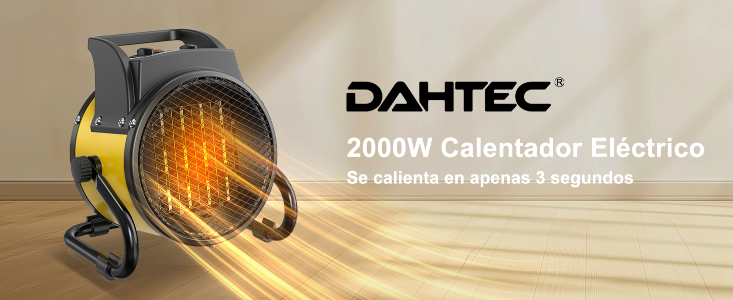 El texto dice «PAHTEC 2000W Calentador Eléctrico Se calienta en apenas 3 segundos». La imagen del producto muestra un calentador eléctrico portátil negro y amarillo que emite luz naranja.