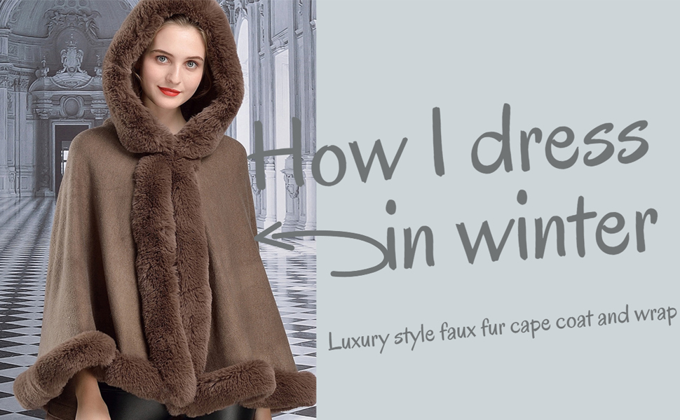 Helan Women's Luxury Faux Fur Cloak Cape Coat Fur Wrap