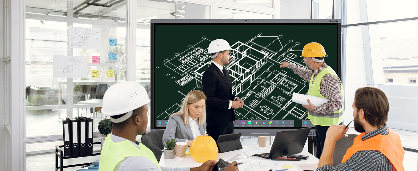 An architect designing building sketches using a smart board