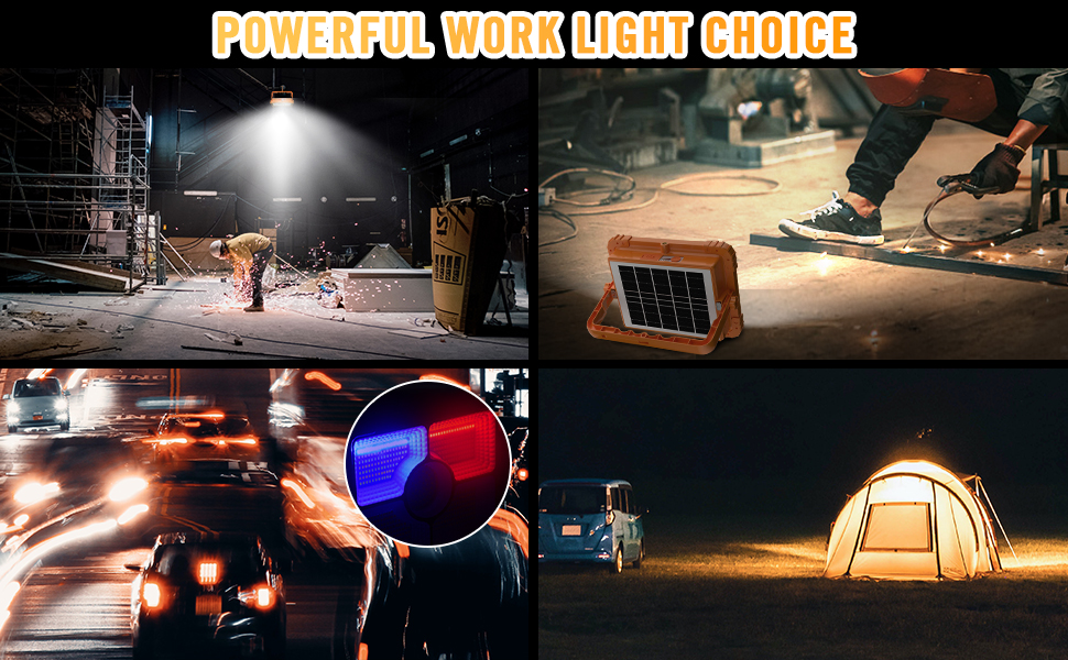 Collage of work light applications, showing bright illumination in various outdoor settings including construction sites, camping, and automotive use.
