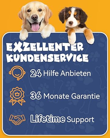 Kundenservice-Infografik mit Hunden. Textlisten „24/7-Hilfe“, „36 Monate Garantie“ und „Lebenslanger Support“ auf Deutsch.