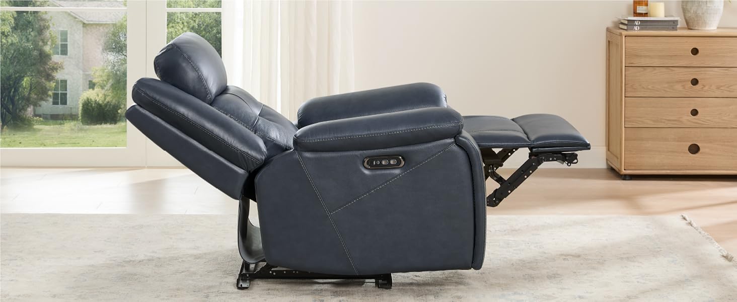 blue leather recliner with cup holders