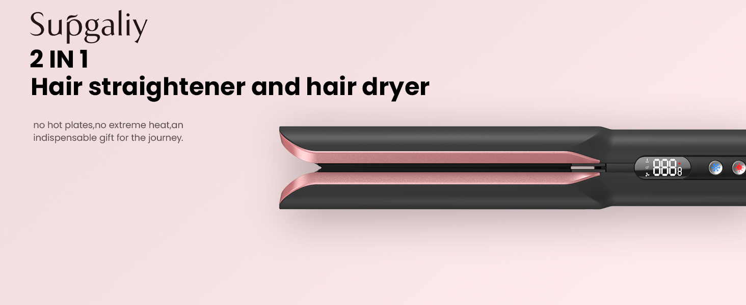 Supgaliy 2-in-1 hair straightener and hair dryer. Black and rose gold device with digital display and smooth plates visible.