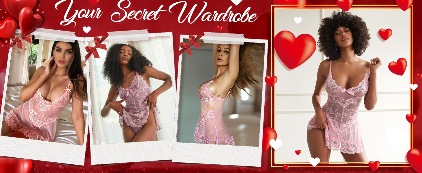 RSLOVE Babydoll Lingerie for Women Lace Chemise Sexy Nightgown Sleepwear Dress
