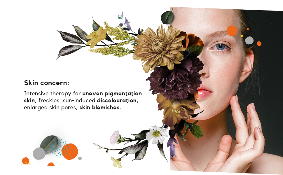 even tone complexion due to skin pigmentation, freckles, sun-induced discolouration