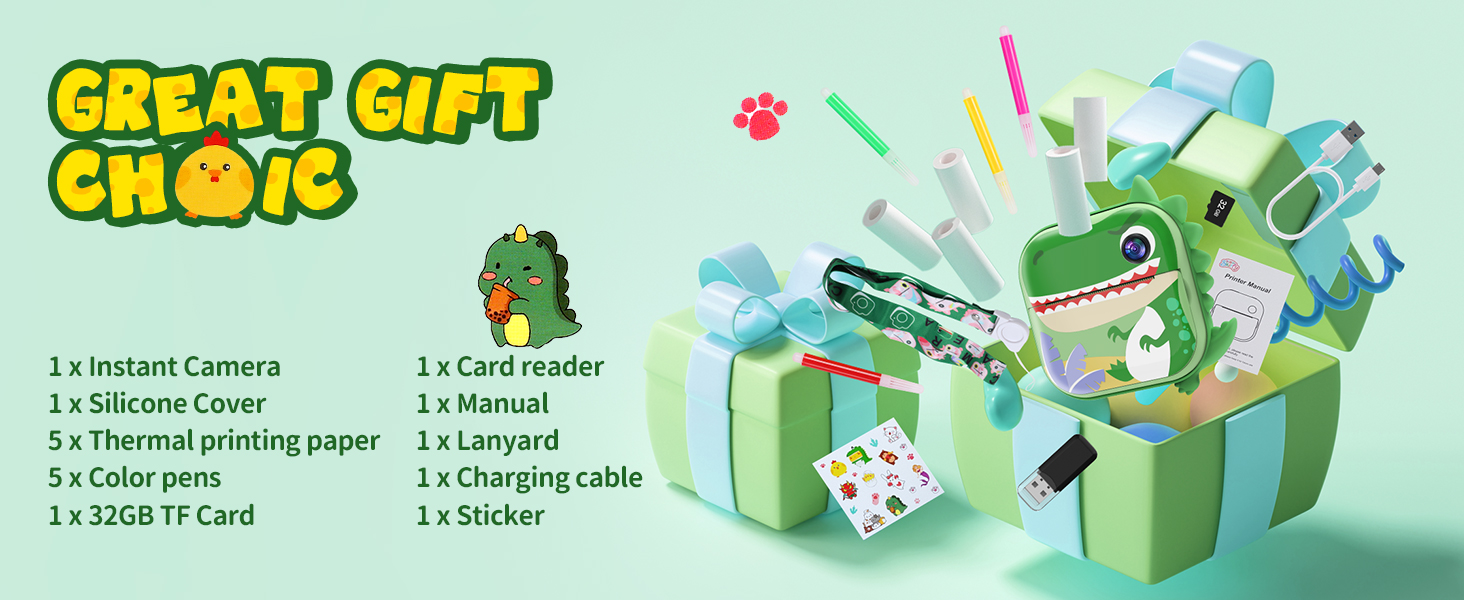 Skirfy Kids Camera Instant Print,Digital Camera for Kids with 5 Print Paper&32G TF Card&Reader,Dinosaur Selfie Camera with Color Pens&Stickers,48MP Video Camcorder with Lanyard,Gift for Boys Girls 18 instant print camera